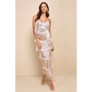 Lulus Get In The Groove Champagne Sequin Fringe Bodycon Maxi Dress Gold